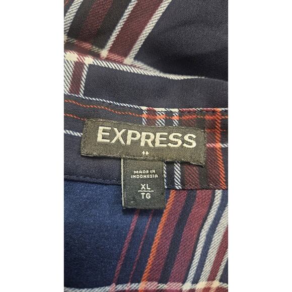 Express Womens XL Blouse Blue Plaid V-Neck Collar Roll Tab Sleeves Button-Up - Picture 7 of 8